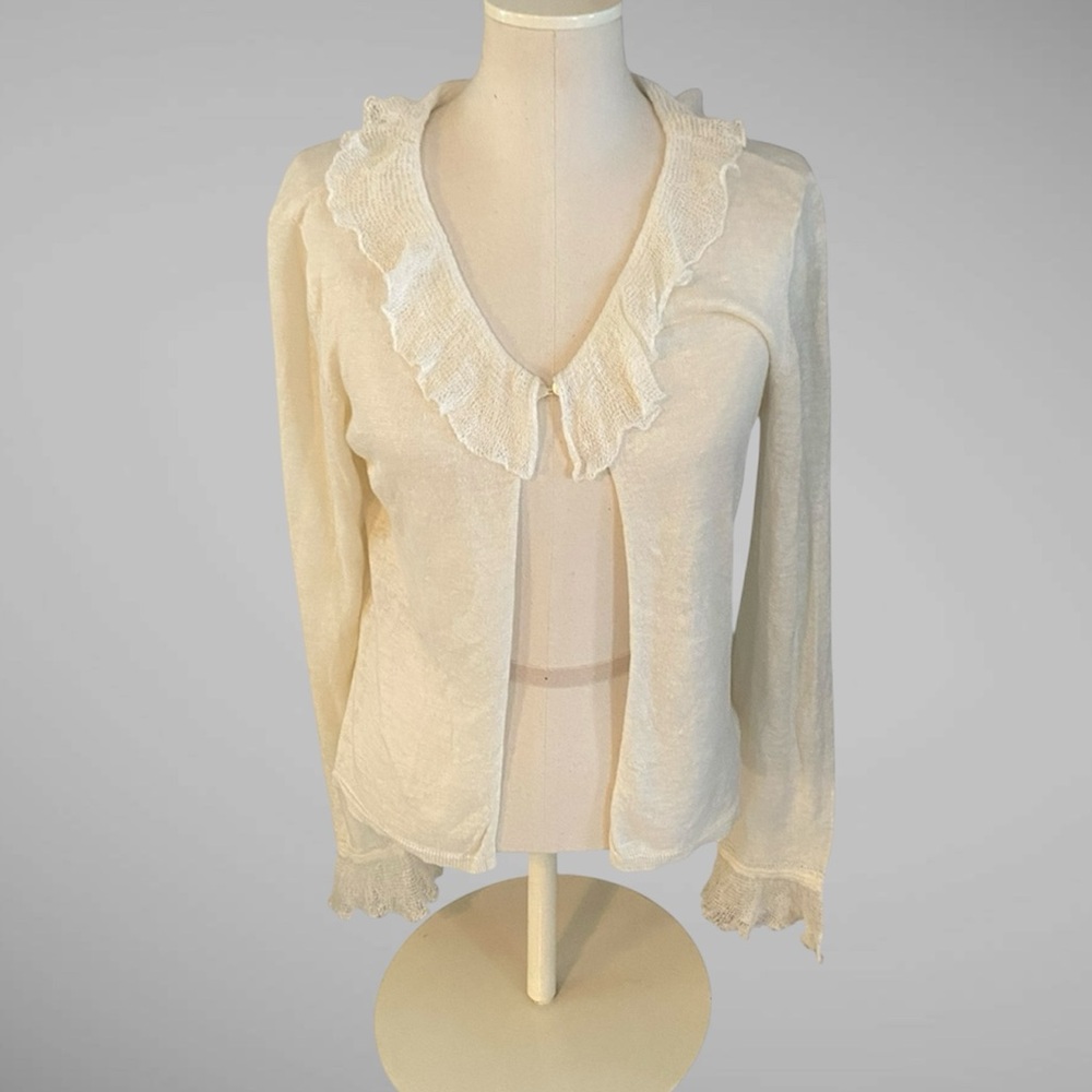 SUNDANCE ROMANTIC COTTAGECORE RUFFLE NECK 100% LINEN CARDIGAN CROCHET SWEATER